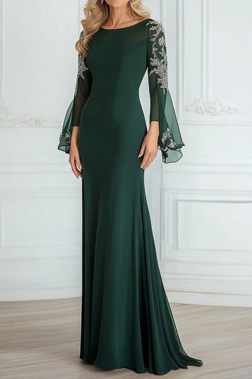 Col rond Mousseline de soie Dentelle Une ligne Vert foncé Manches longues Mère de la mariée Robe